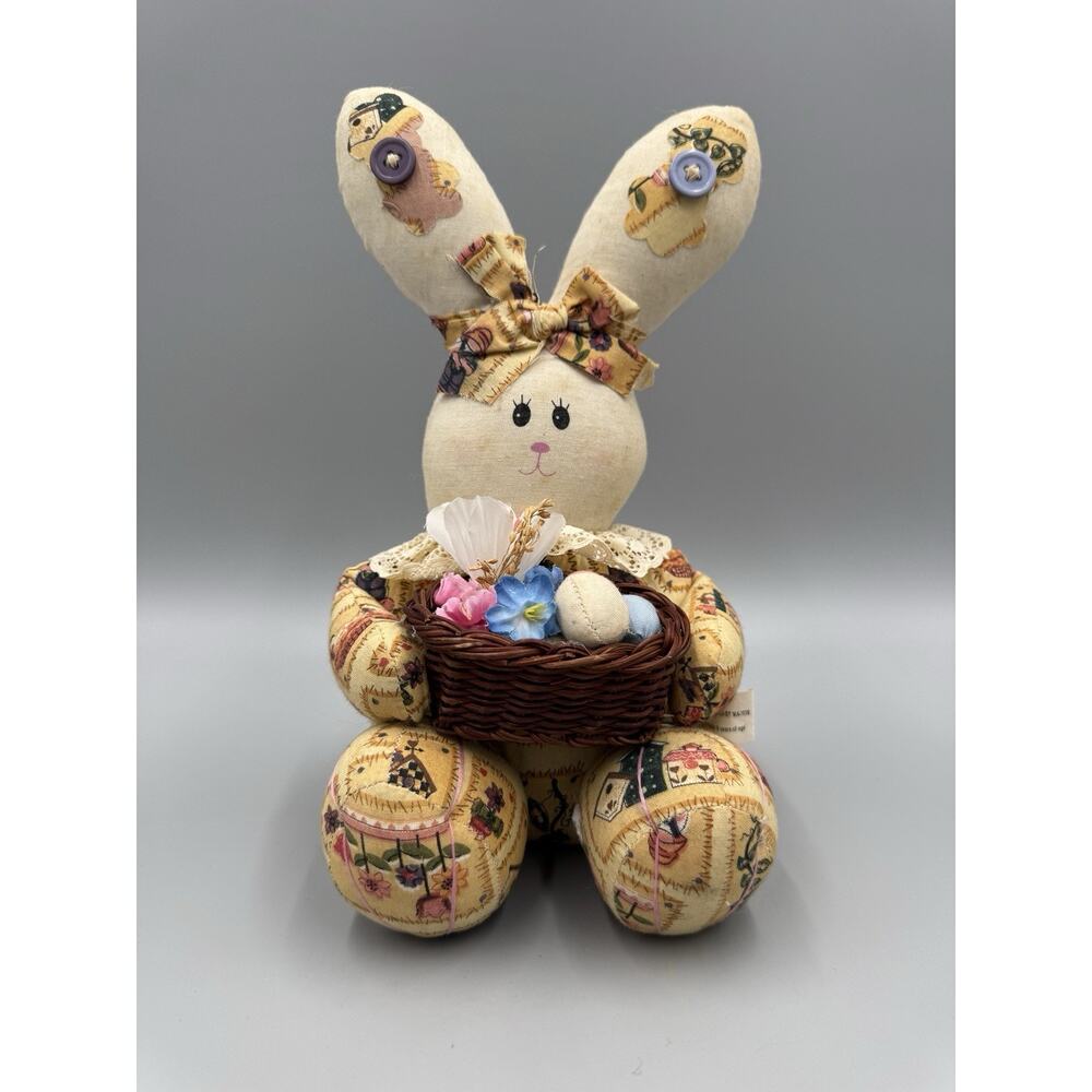 VTG 1999 Anco‎ Cloth Bunny Rabbit Plush 7” Stuffed Animal Basket W/ Easter Eggs